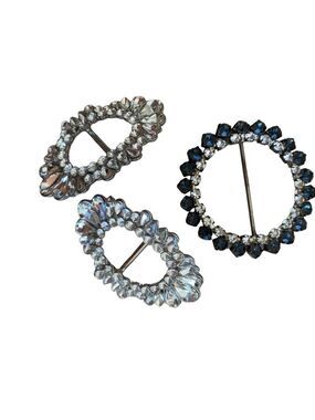 Vintage Stunning 3 belt buckles pieces incrusted crystal silver metal blue round